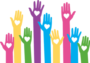 Colourful illustration of raised hands in different colours, each with a white heart symbol in the palm.